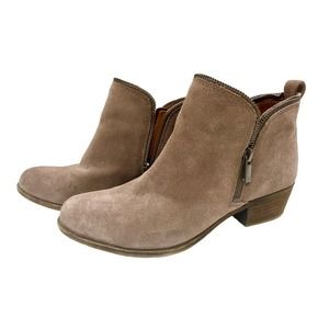LUCKY BRAND Suede Tan Ankle Boots Sz 8.5 Boho Western Beige Leather Zip Low Heel